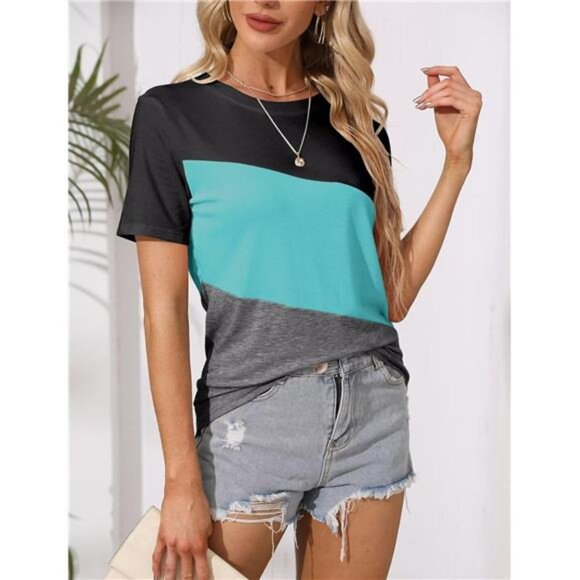 Women's T Shirts Short Sleeve Color Block/Solid Tops Casual Summer Tees - Picture 2 of 6